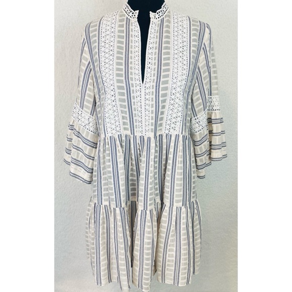 SANDRO • Ecru/White/Navy Stephanie Stripe Boho Lace-Trim Tiered Mini Dress, S - Picture 9 of 16